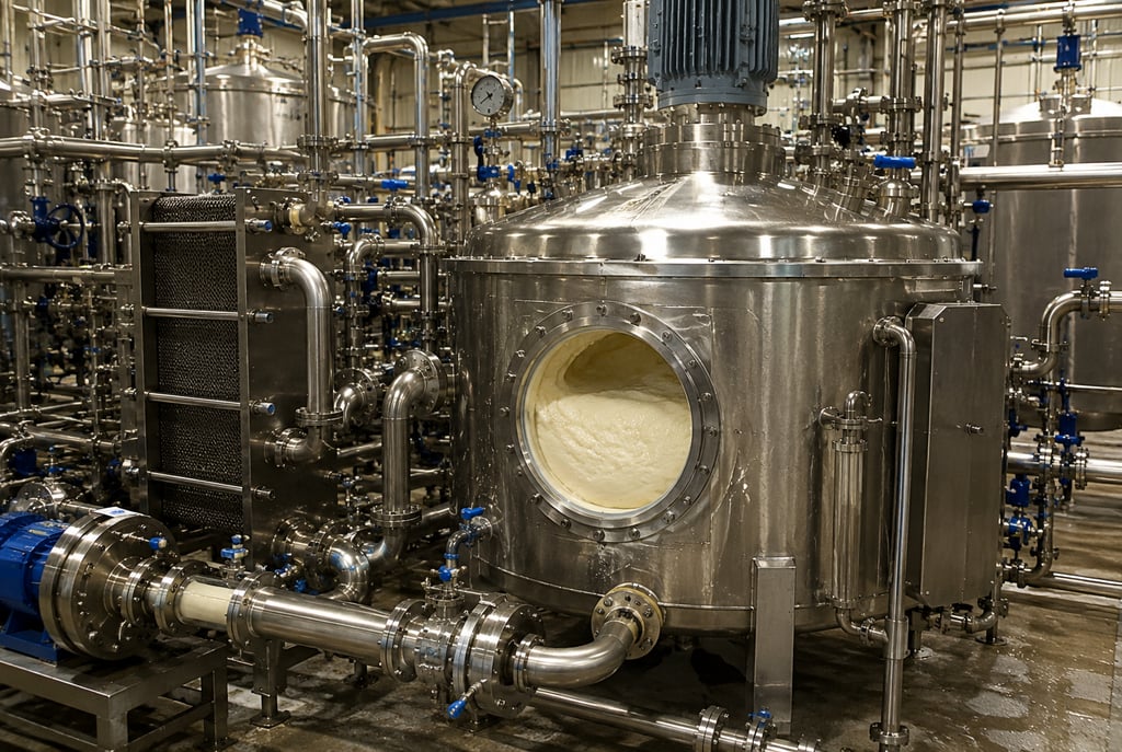 Industrial starch-processing tank with thick slurry, sanitary pumps, piping, and heat-exchange equipment.