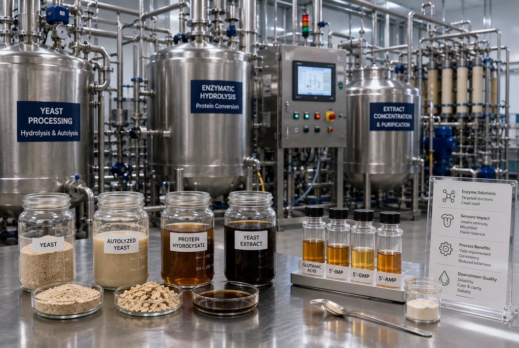 Savory ingredient development line with yeast processing, protein hydrolysis, and extract purification.