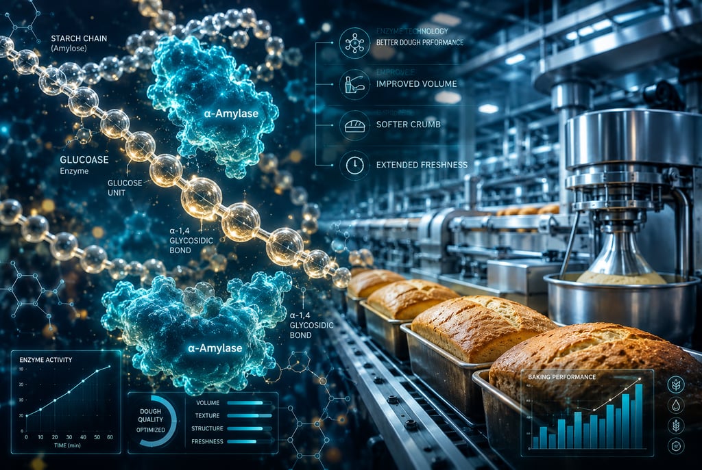 Futuristic industrial bakery illustrating glowing alpha-amylase enzymes