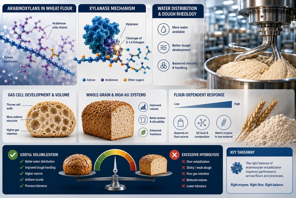 Industrial baking infographic showing xylanase action on wheat arabinoxylans, improved water distribution