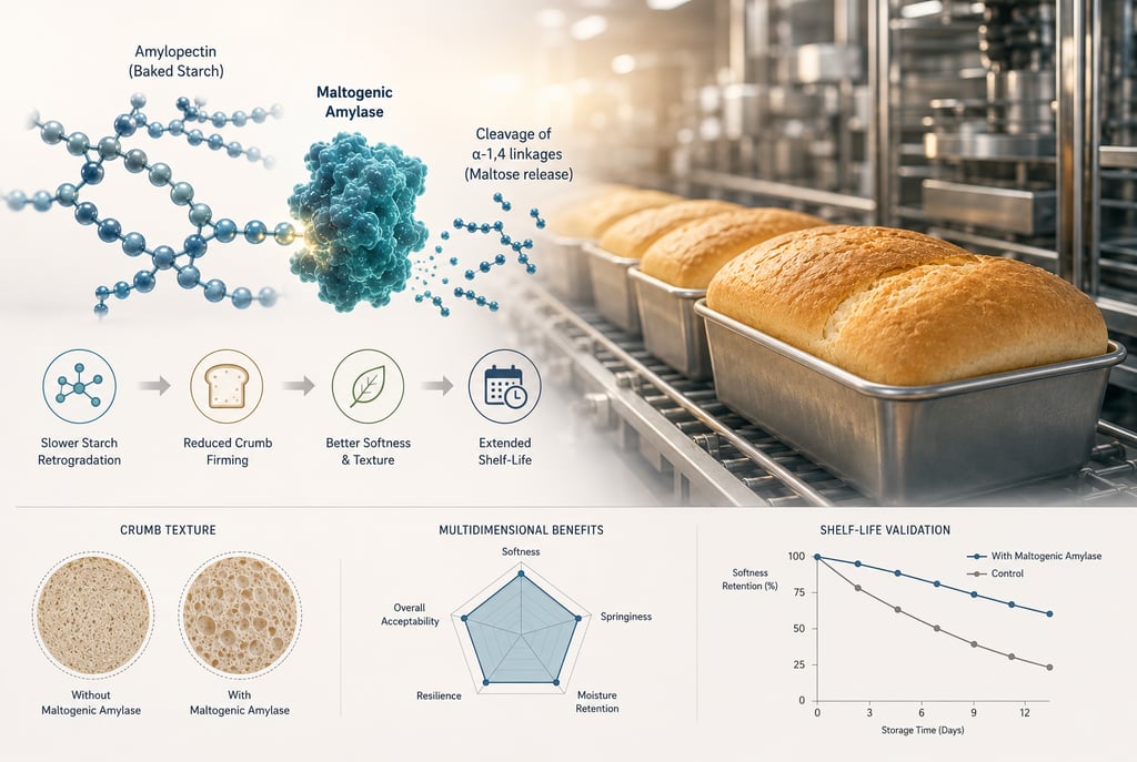 Industrial baking infographic showing maltogenic amylase acting on baked-starch amylopectin