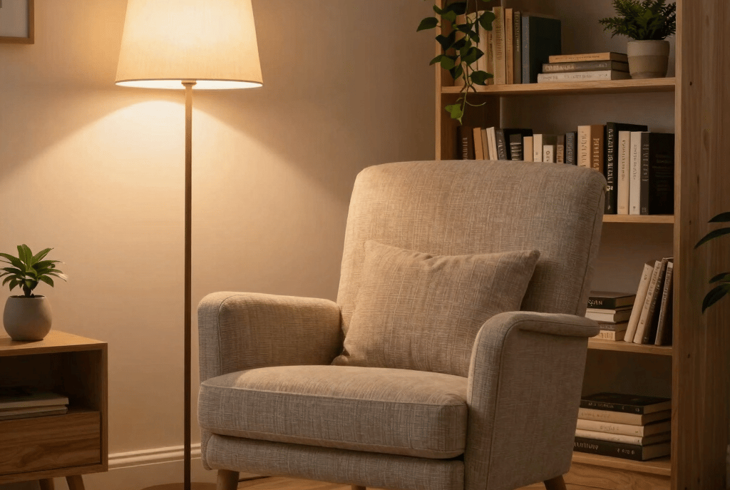 A sunlit cozy corner with cottagecore decor, soft pastel cushions, and a vintage teacup on a wooden side table.