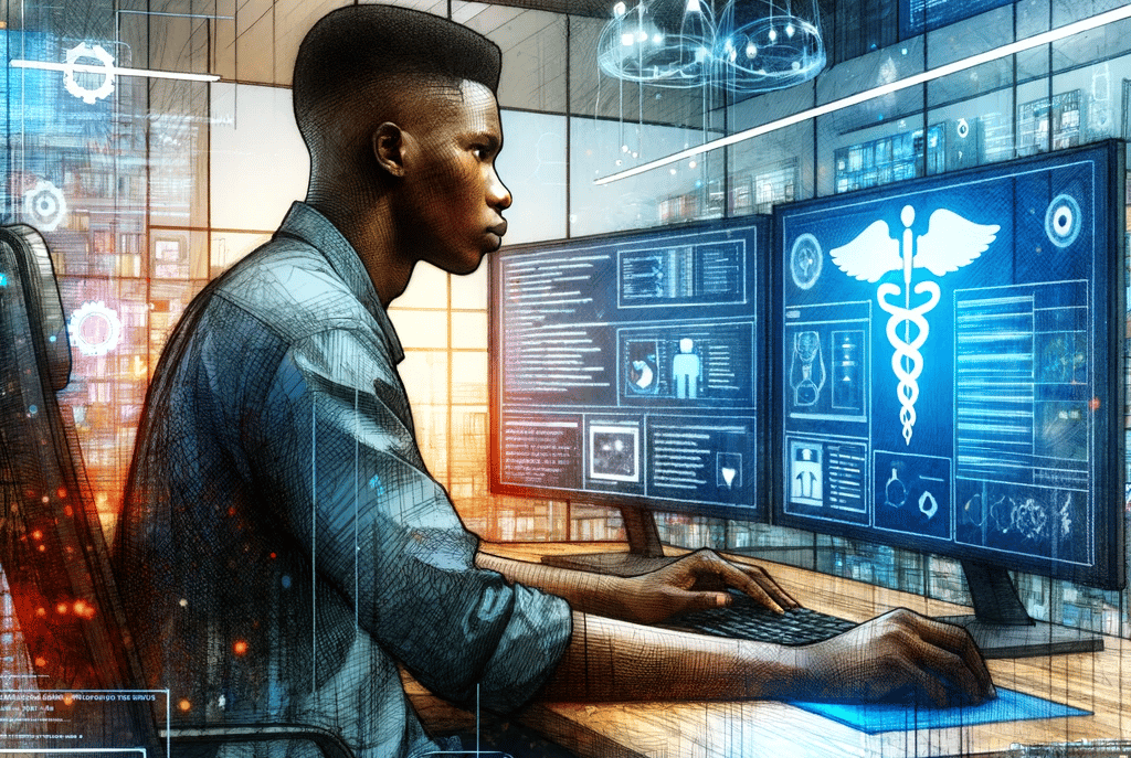 watercolor drawing of a future African software developer, specialized in healthcare programs