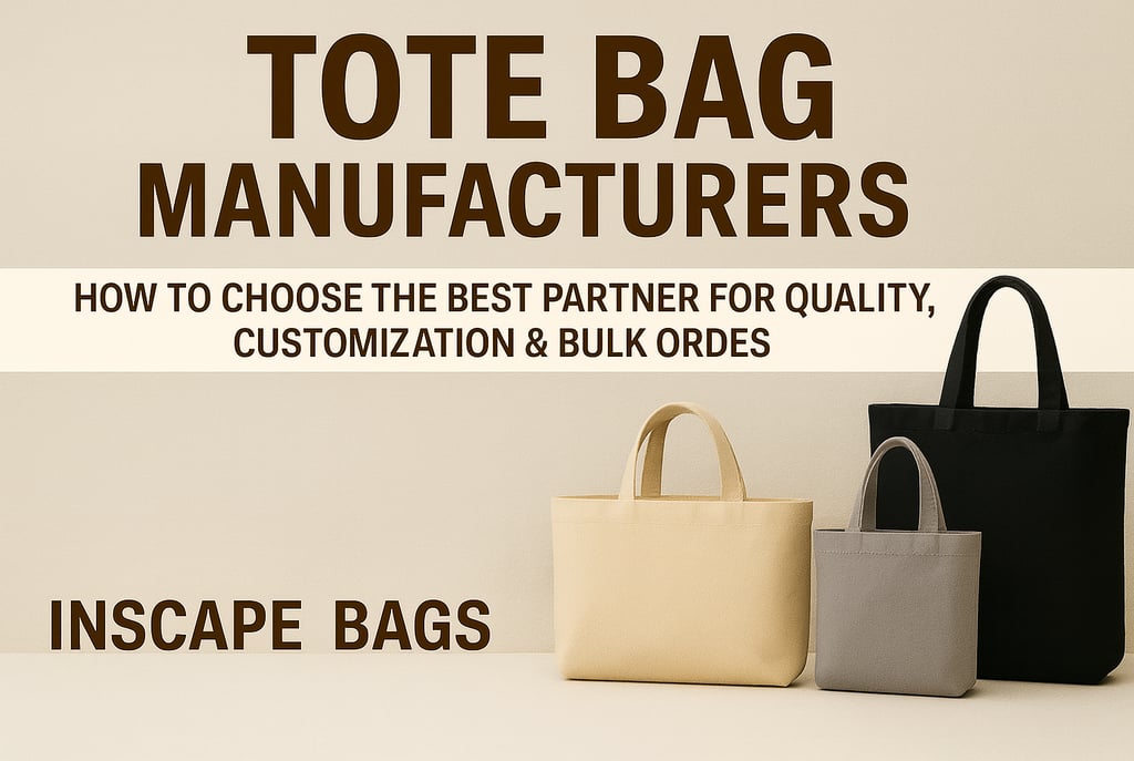 tote bag manufacturers blog image with canvas bag in black, beige, and in grey colour. with text bag manufacturers 