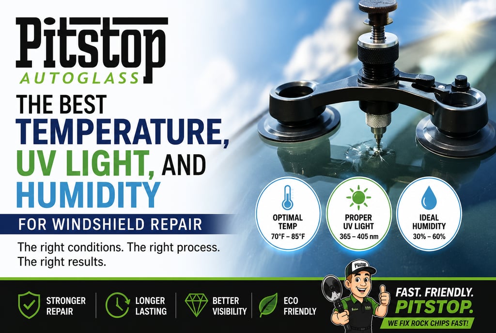 Professional windshield repair tool fixing a rock chip under optimal temperature and UV light conditions.