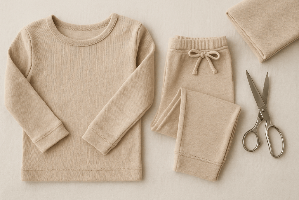 Handmade beige cotton shirt and pants with sewing scissors on a soft background.