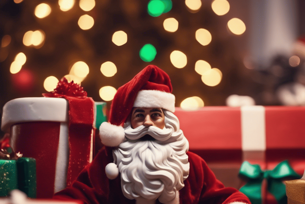 a santa clause sitting on a table with presents