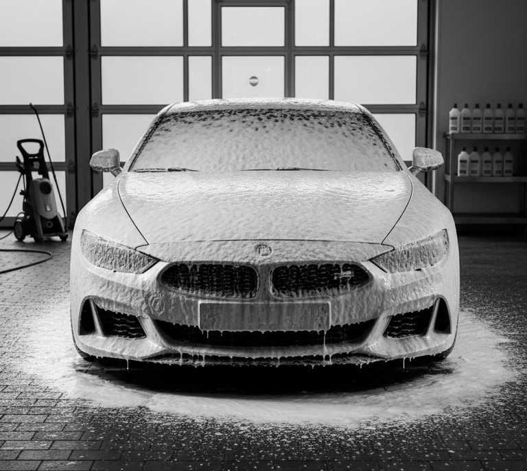 Professional car detailing featuring a luxury sedan covered in thick snow foam at an indoor car wash.