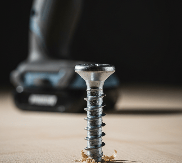 Close-up of a silver metal screw driven into a wood plank with a cordless power drill in the background.