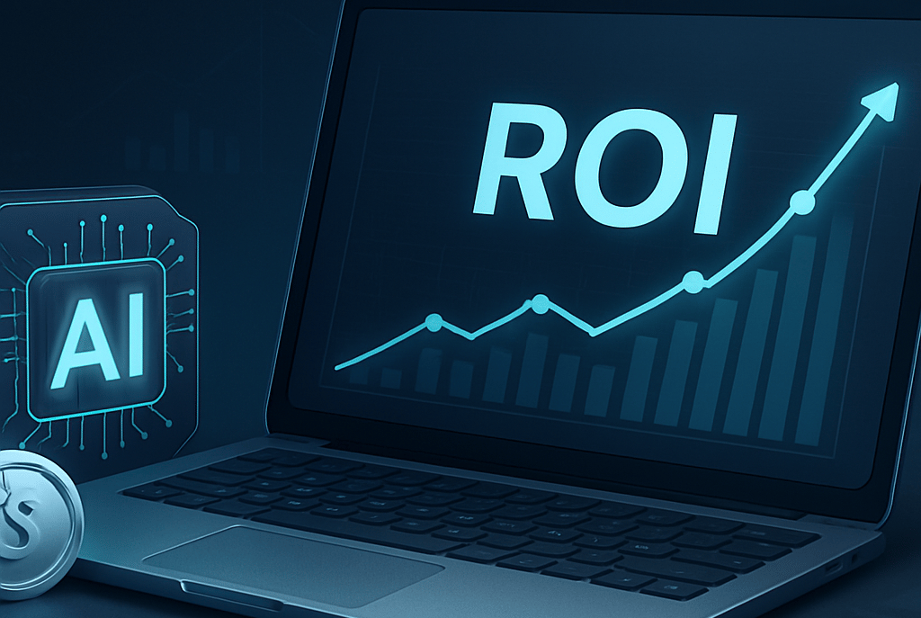 Laptop screen displaying “ROI” with upward graph, surrounded by AI technology elements, representing AI-driven return on inve