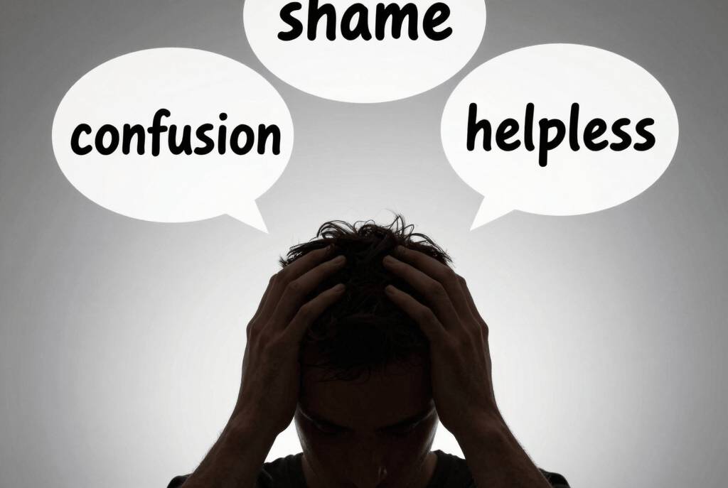 Silhouette of a man holding his head with speech bubbles for shame, fear, confusion, and helpless.