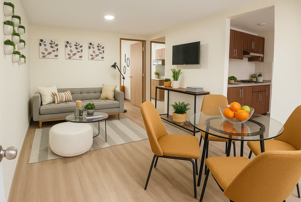 Interior de departamento muestra con sala, comedor y cocina integrados.