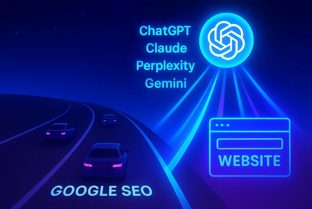  Illustration of AI like ChatGPT driving traffic to a website, moving beyond traditional Google SEO.