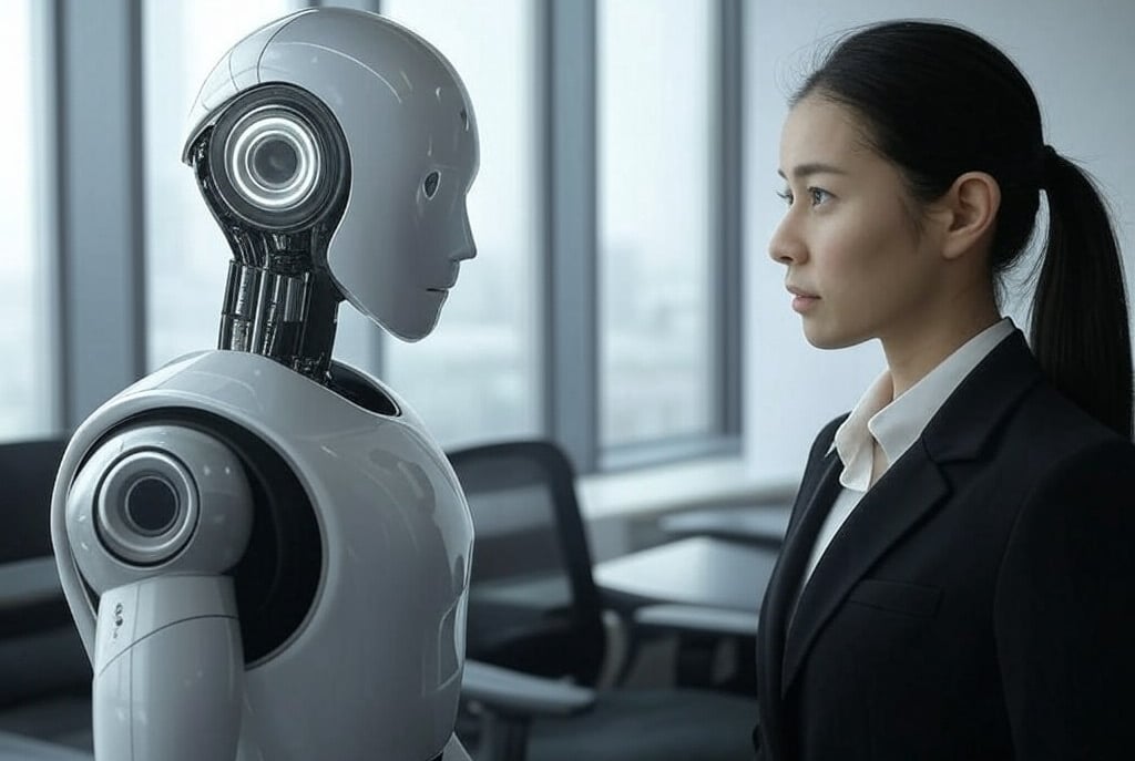 a woman in a suit and tie standing next to a robot