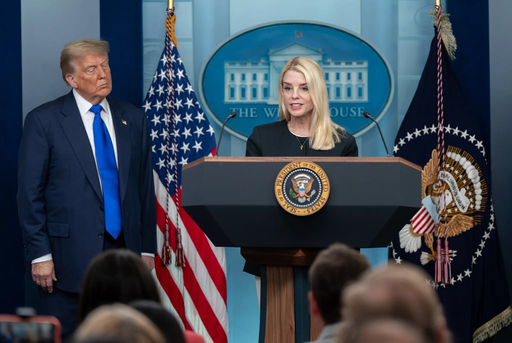 President Donald Trump holds a press conference with Attorney General Pam Bondi and Deputy Attorney 