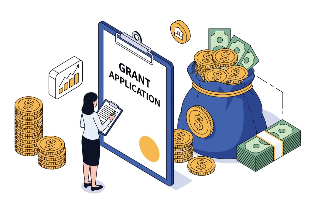 Illustration of a person completing a grant application with money and coins representing funding