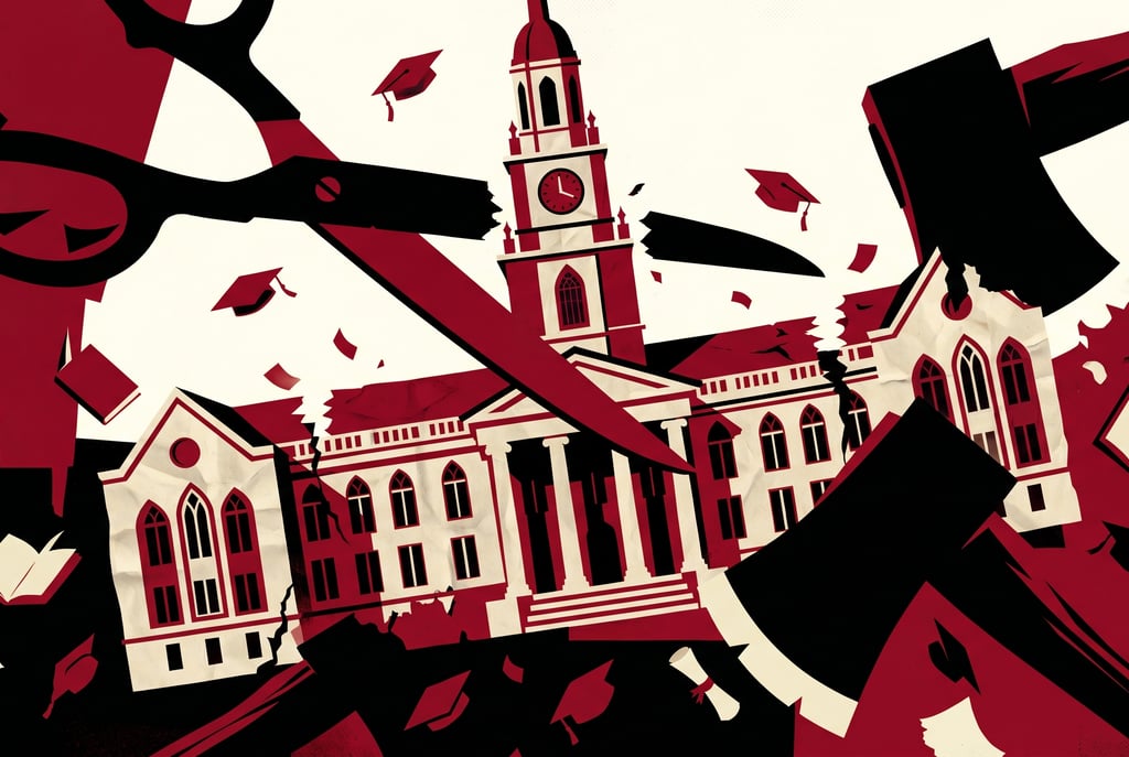 Red and black illustration of a college campus being cut apart by giant scissors and an axe.