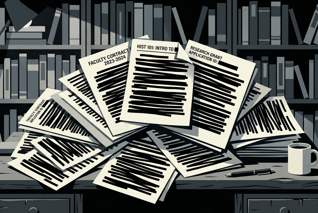 Stack of heavily redacted higher education documents on a desk in front of bookshelves.