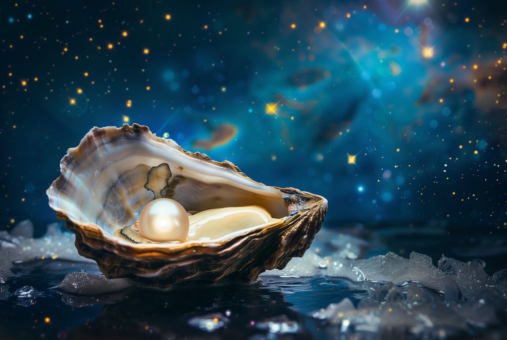 A perfect pearl in an oyster shell against a blue cosmic backdrop