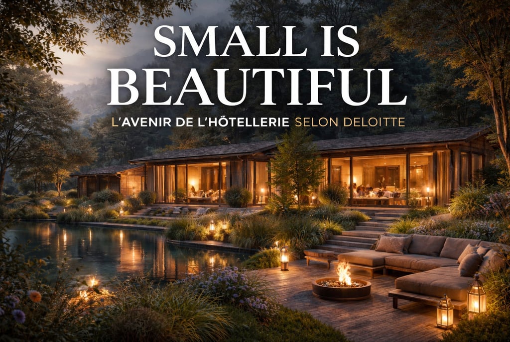 Hôtel boutique de luxe en pleine nature au crépuscule, avec piscine, feu de camp et ambiance chaleureuse