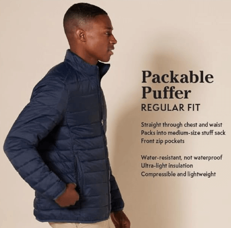 Amazon Essentials Men's Lightweight Packable Puffer Jacket, showcasing its packability