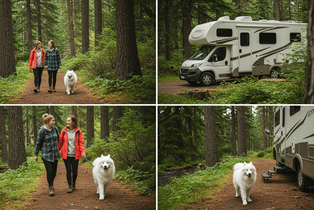 Couple enjoying a hike at a National Park with happy dog by RV