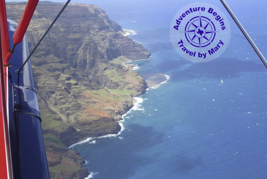 A photo of the Napali coast on Kauai taken by Mary from a Waco biplane.