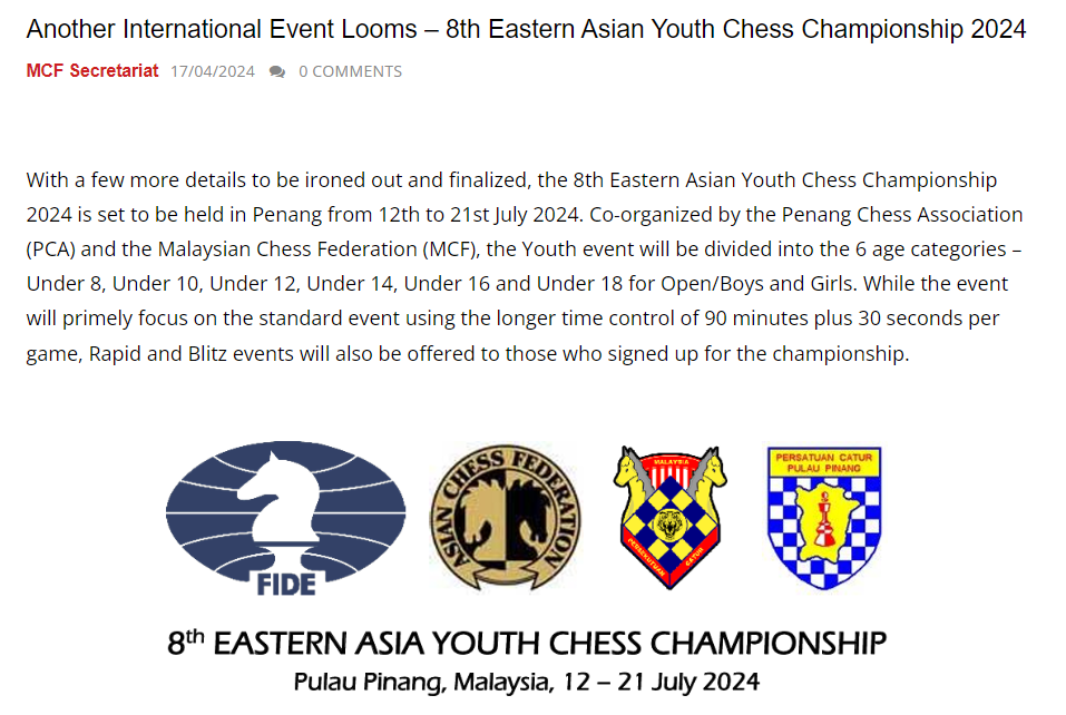 Asian Chess Federation International Chess Event 8th Eastern Asian Youth Chess Championship 2024