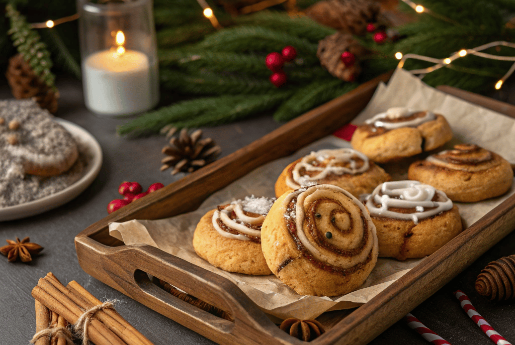 "Rustic tray of homemade cinnamon roll cookies with cream cheese glaze"