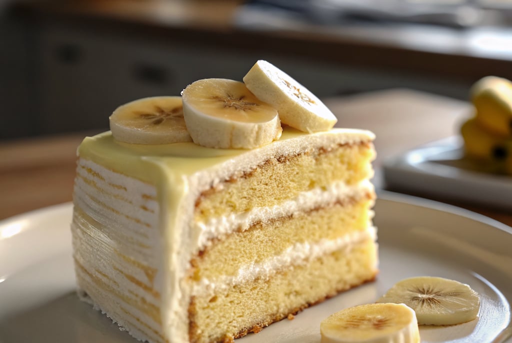 Moist banana cream cake with cream cheese frosting and banana slices on top.
