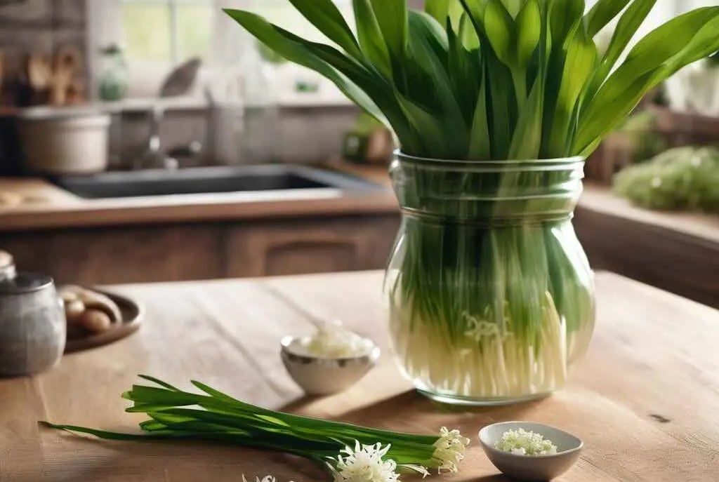 Ein frisches, hausgemachtes Bärlauchpesto in einer Schale serviert mit Bärlauchblättern dekoriert