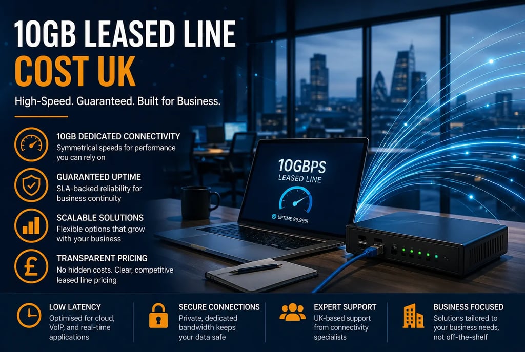 10GB leased line business connectivity setup with high-speed network infrastructure in a modern UK office