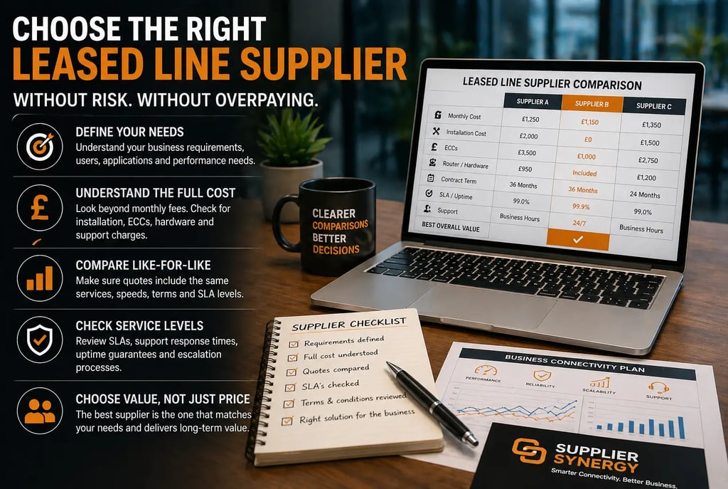 Business reviewing leased line supplier options and connectivity costs before choosing a UK provider