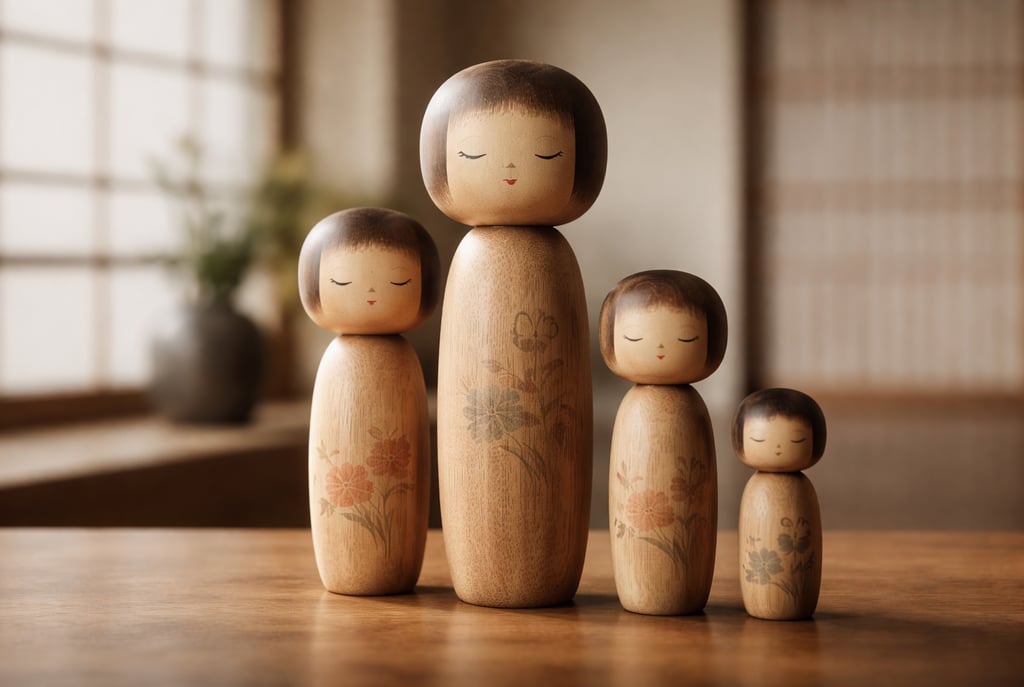 Hand-painted traditional wooden Japanese Kokeshi dolls of various sizes displayed on a table.