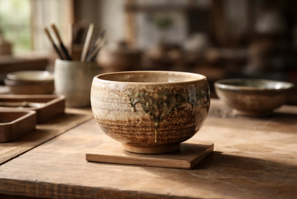 Handmade ceramic pottery bowl with green drip glaze on a wooden table in a sunlit artist studio.