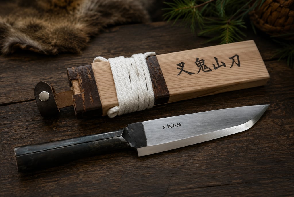 A hand-forged Japanese Matagi Nagasa hunting knife with its traditional wooden scabbard on a dark wood surface.