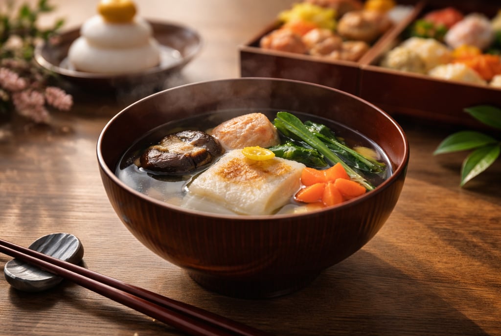 Ozōni (お雑煮), traditionelle japanische Neujahrssuppe: klare Dashi-Brühe mit gegrilltem Mochi, Shiitak