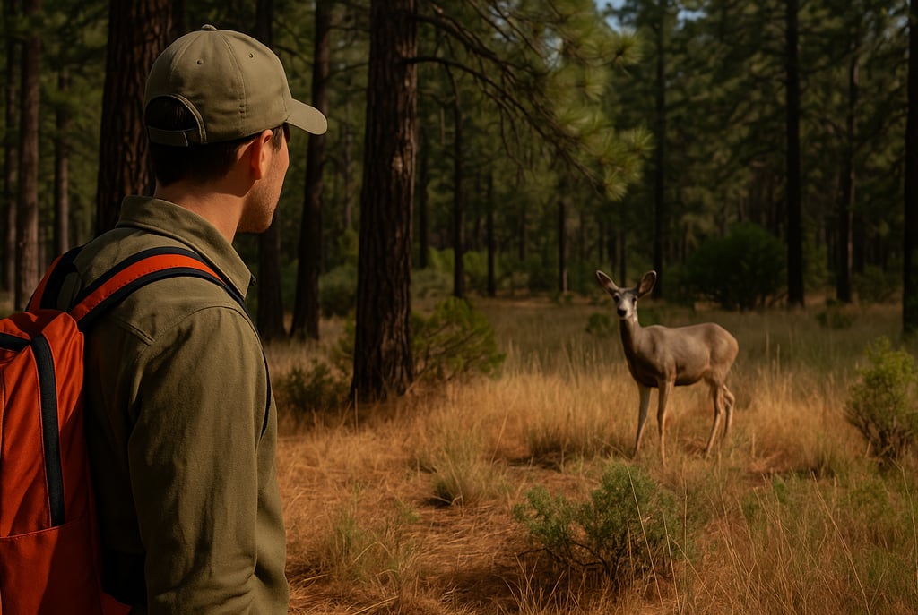 Survivalist encountering deer in forest clearing, observing wildlife for food tracking or nature awareness training