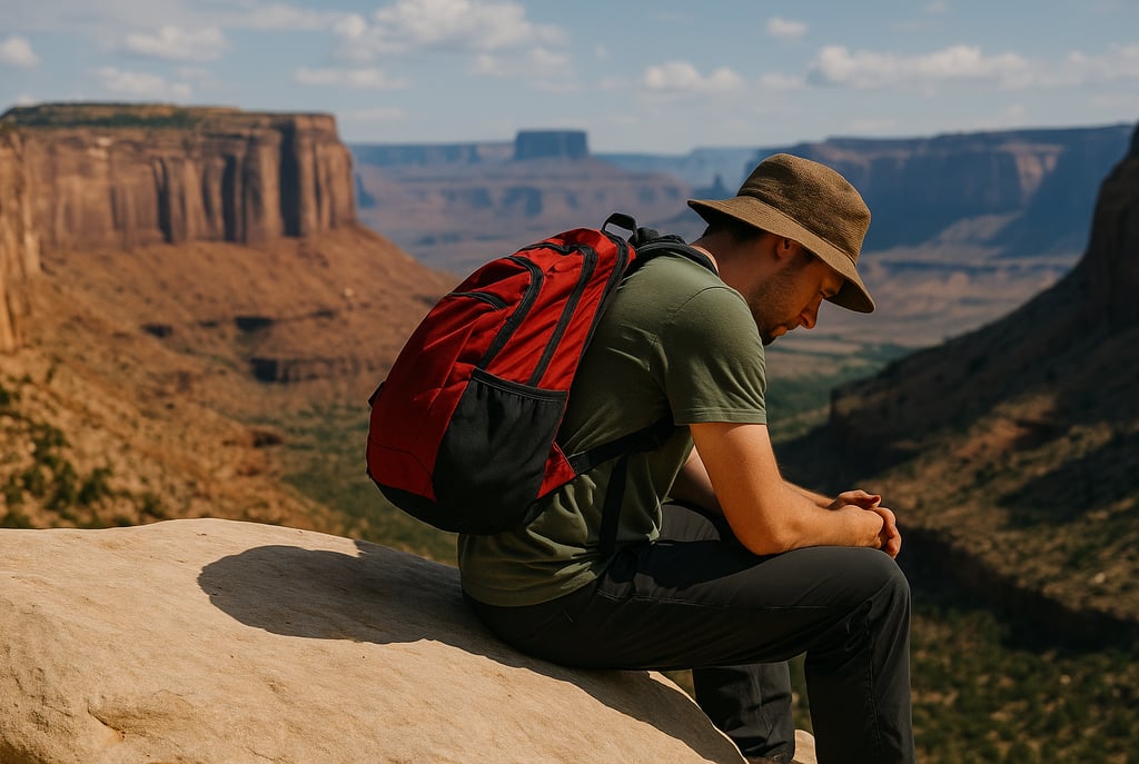 Backpacker resting at cliff edge in desert canyon, solo travel moment of reflection during remote wilderness survival