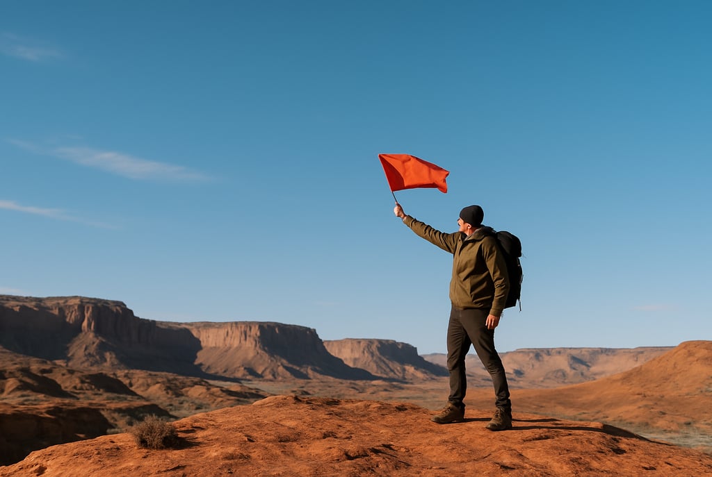 Survival hiker signaling for rescue with red flag in desert plateau, wilderness emergency preparedness scenario