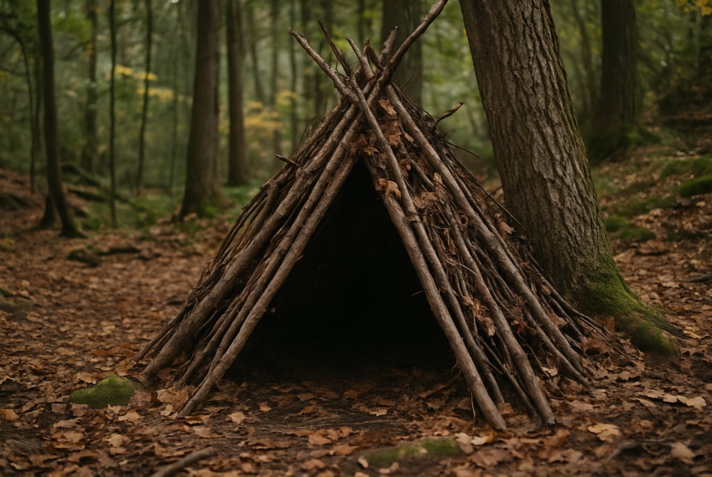 Debris Hut shelter made with sticks and leaves in forest