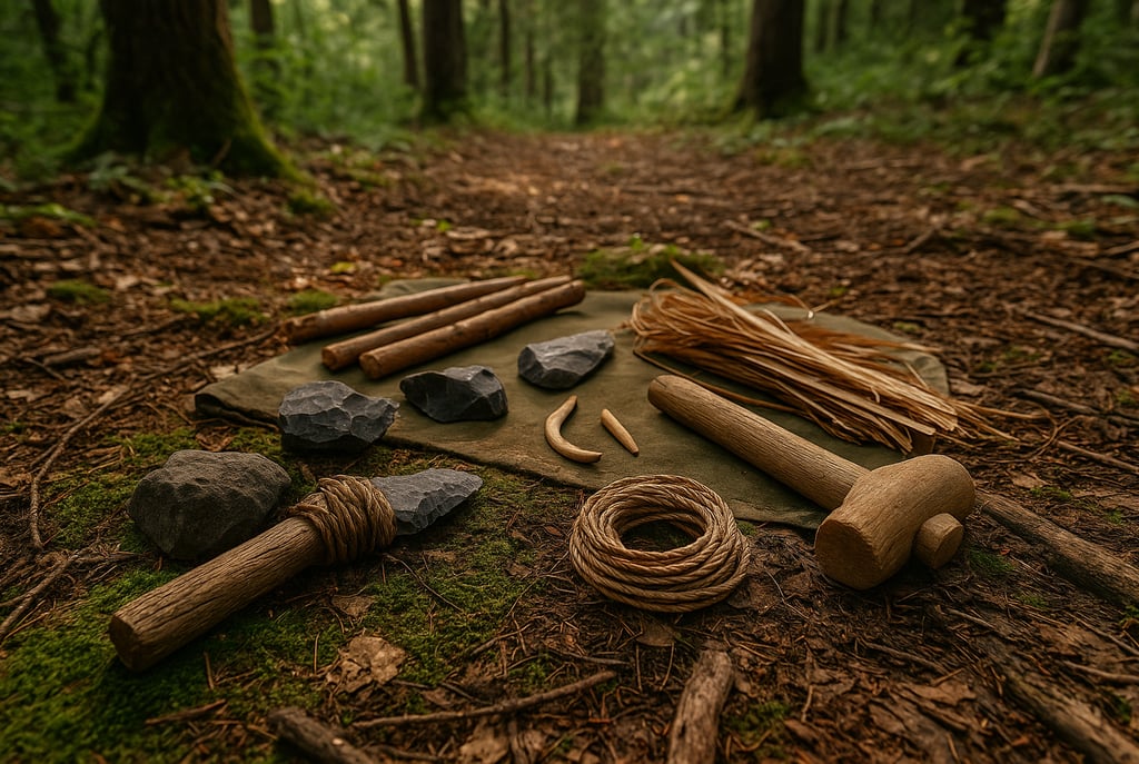 Primitive survival tools including flint blades cordage wooden mallet and natural materials laid on forest ground