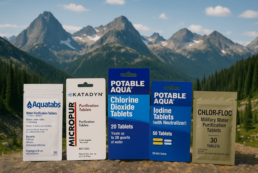 Top water purification tablets for camping shown against mountain backdrop.
