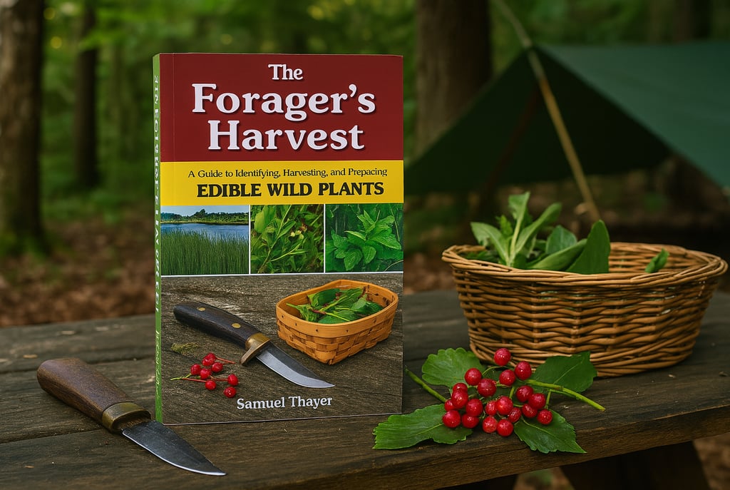 Forager’s Harvest edible wild plants book with berries knife and basket in forest camp