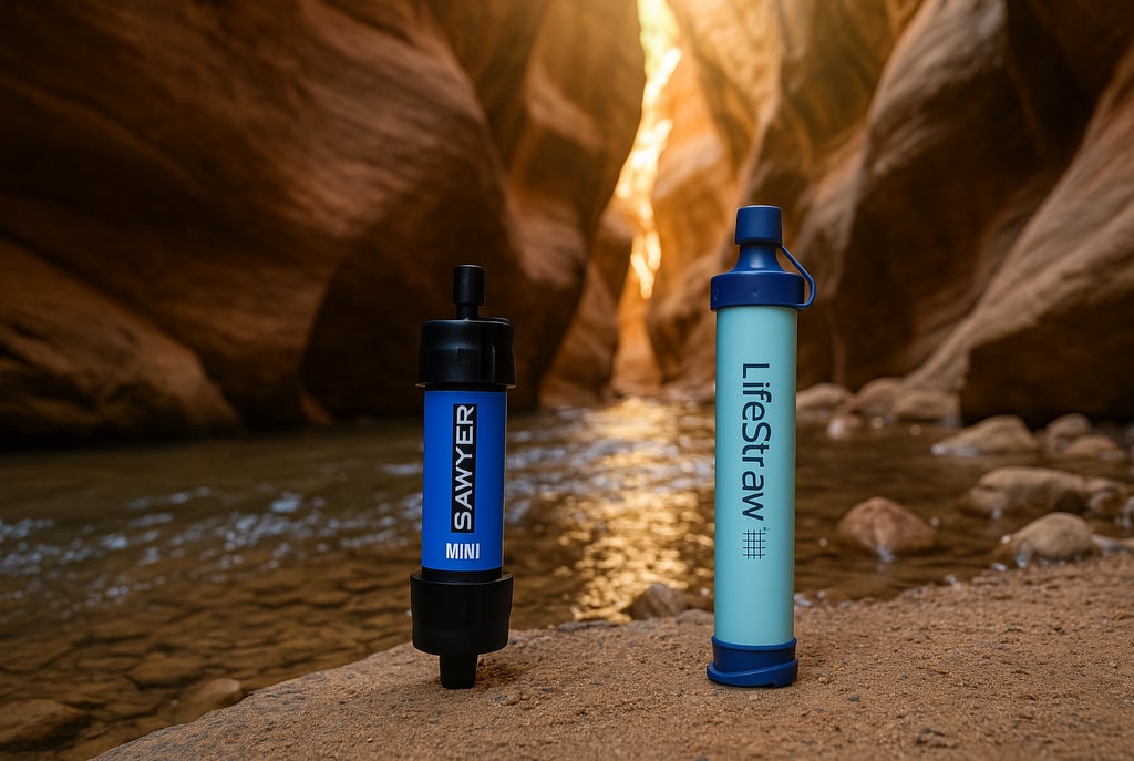 Mini Sawyer and LifeStraw water filters for hiking and emergency water purification in canyon