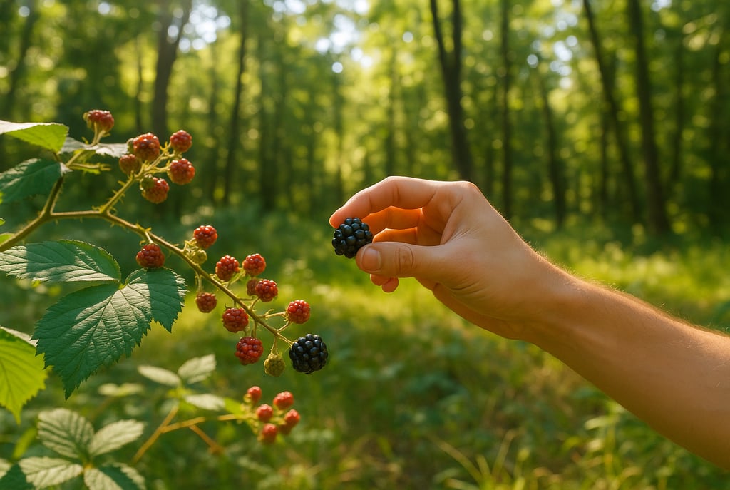 Reaching for ripe blackberries on forest shrub, demonstrating wild berry foraging and plant knowledge