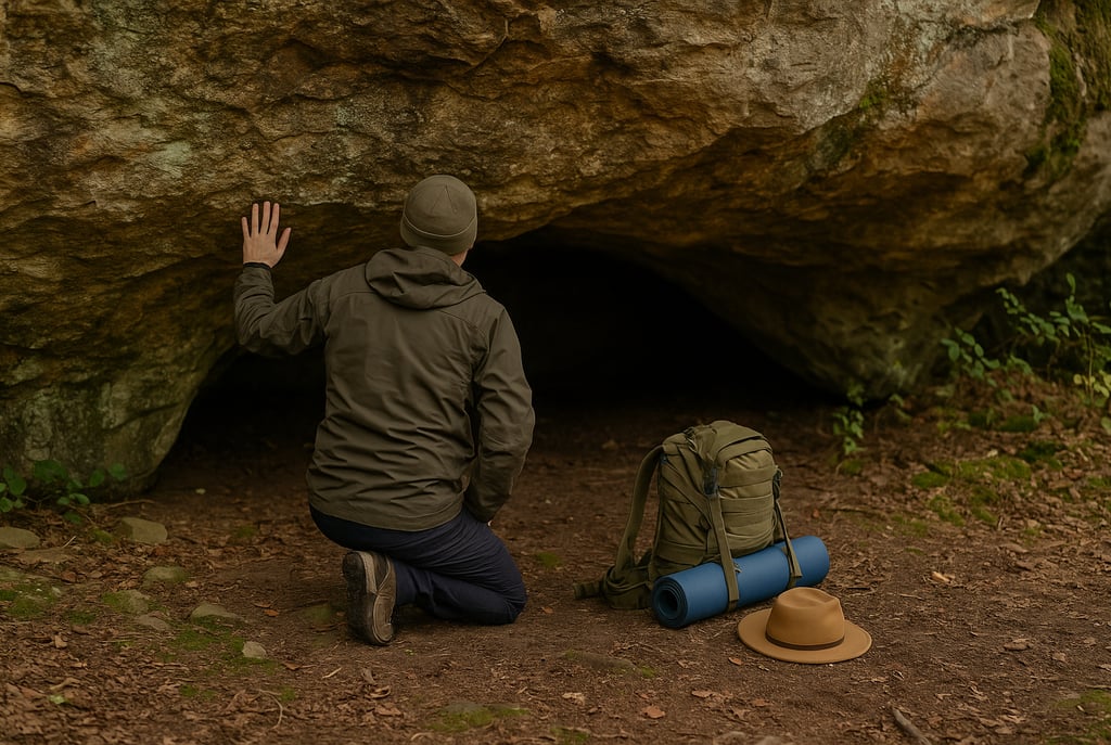 Man scouting rock cave entrance for emergency shelter