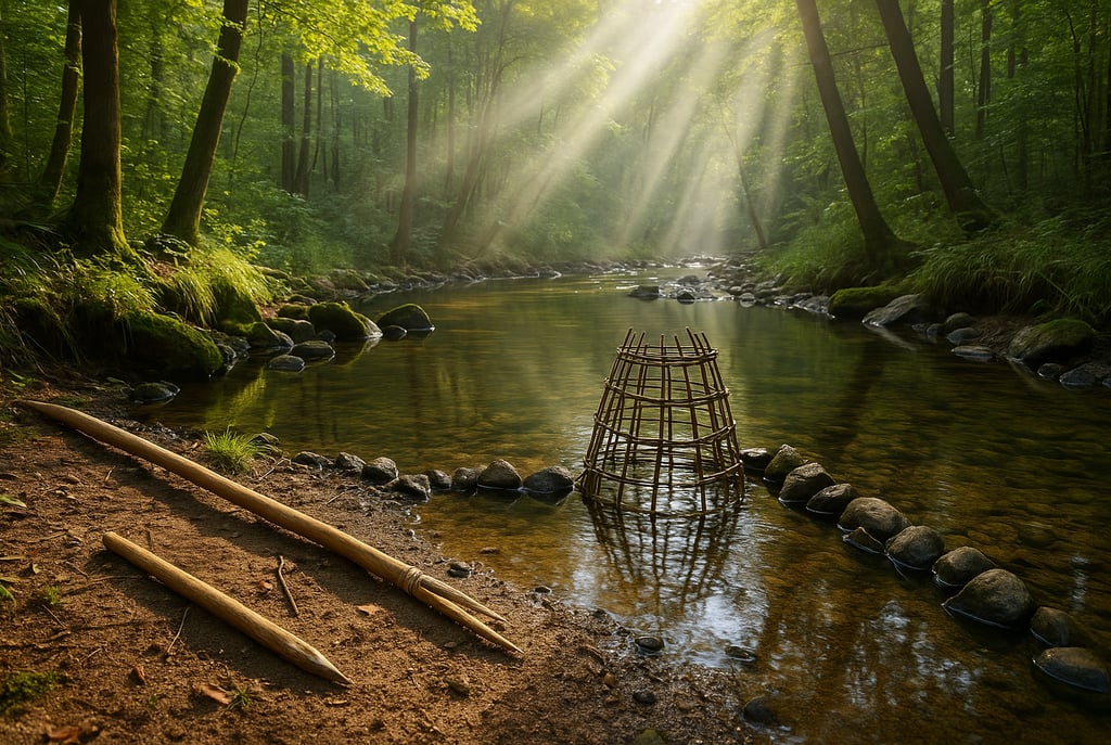 Primitive fish trap set in river with wooden guide poles and natural light showing wilderness survival fishing method