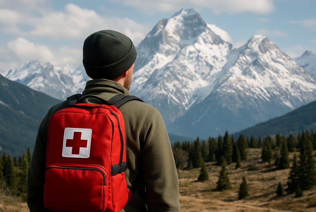 Backpacker with red wilderness first aid kit in remote mountain terrain, prepared for hiking emergencies and survival