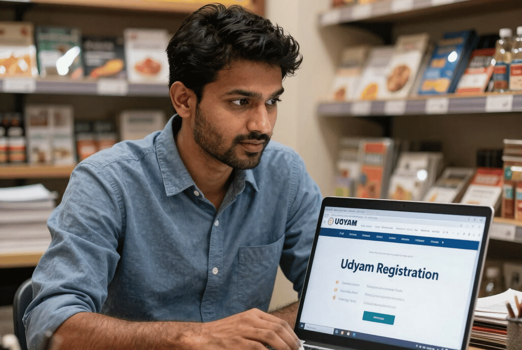 A young Indian man uses a laptop to complete Udyam Registration, with a bookshelf in the background, promoting
